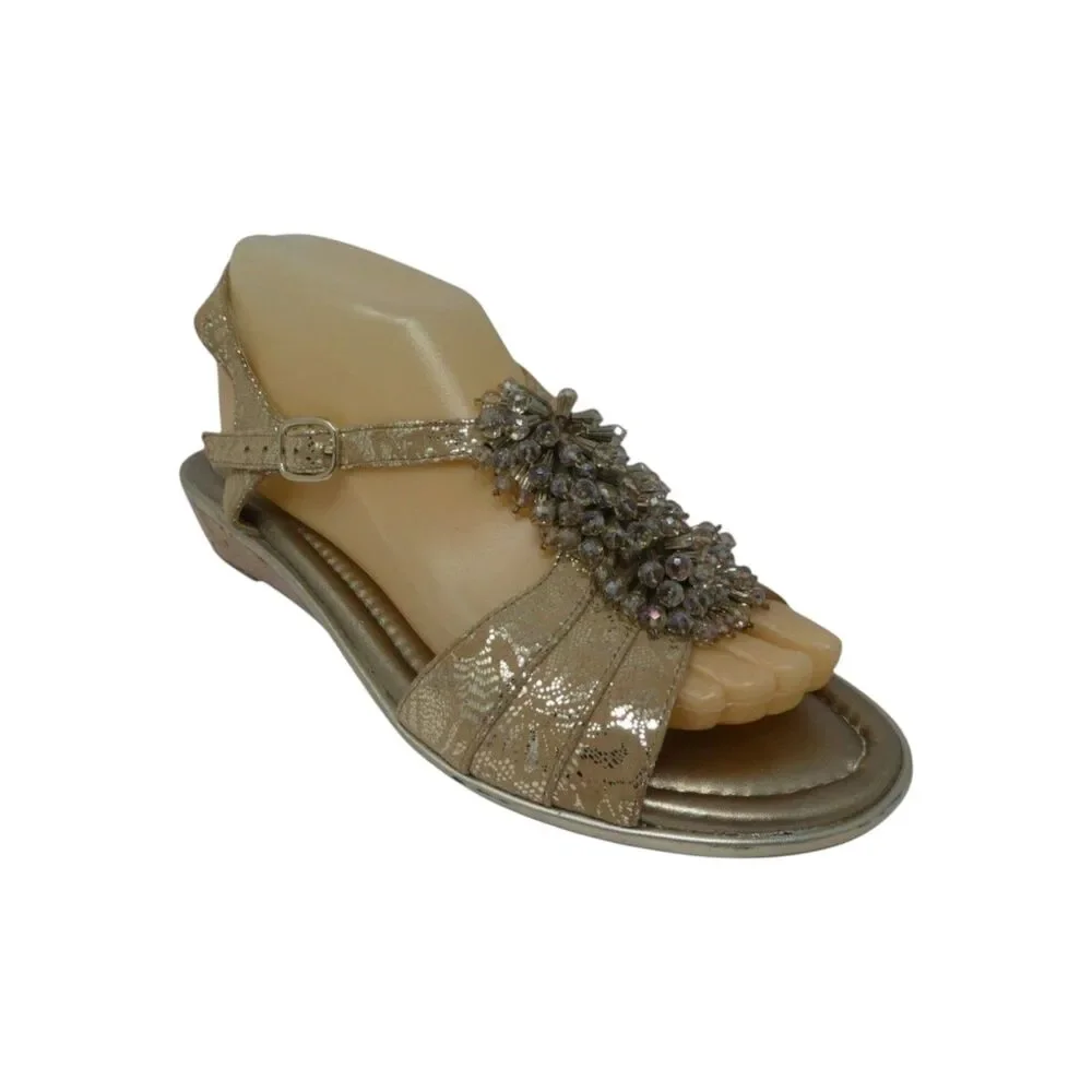 Alex Marie Metallic Gold Leather Jeweled Open Toe Slingback Wedge Sandals